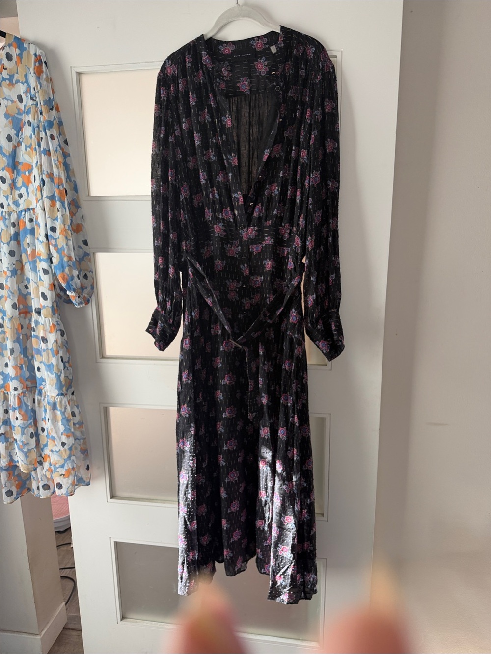 Elie Tahari Black Floral Maxi Wrap Dress with Pink Accents